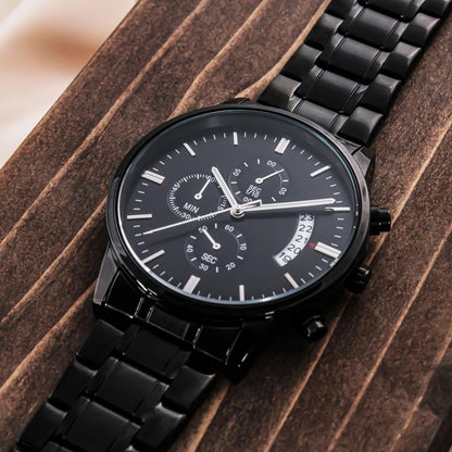 Personalized Black Chronograph Watch With Initials In A Wreath