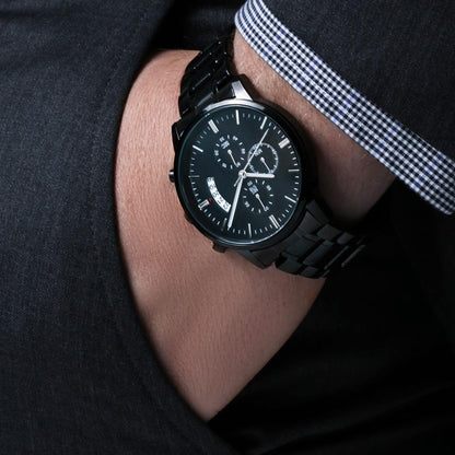 Personalized Black Chronograph Watch With Initials In A Wreath