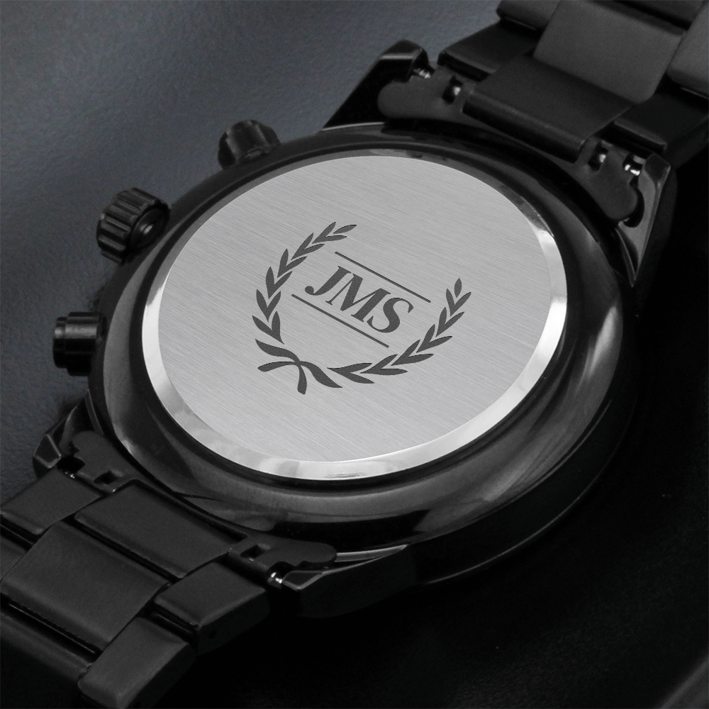 Personalized Black Chronograph Watch With Initials In A Wreath