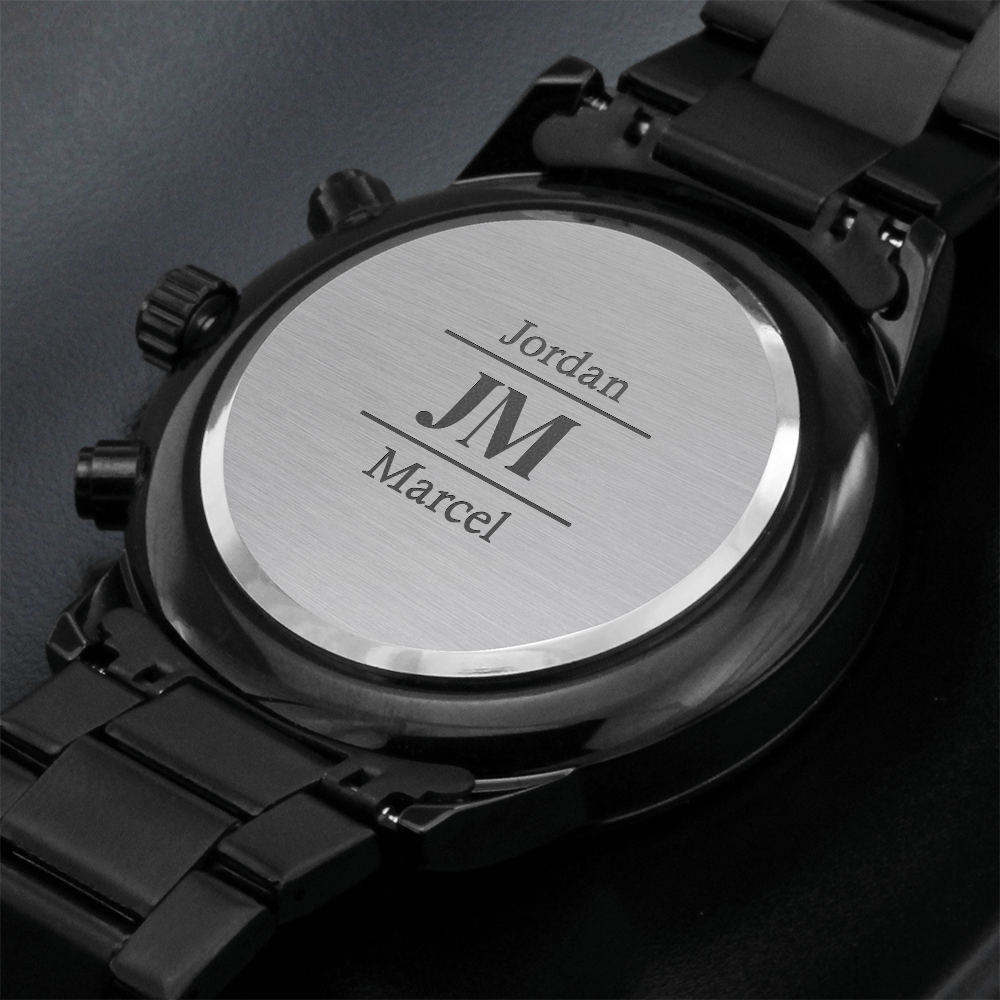 Personalized Black Chronograph Watch With Initials And Name