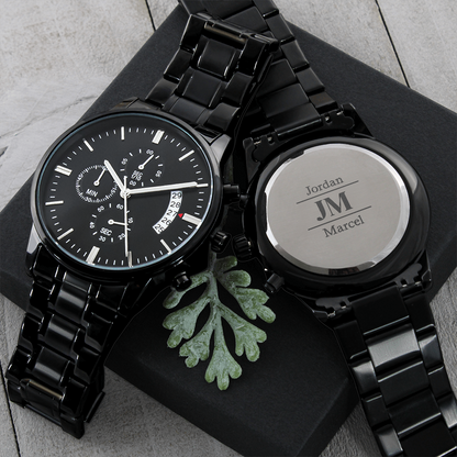 Personalized Black Chronograph Watch With Initials And Name