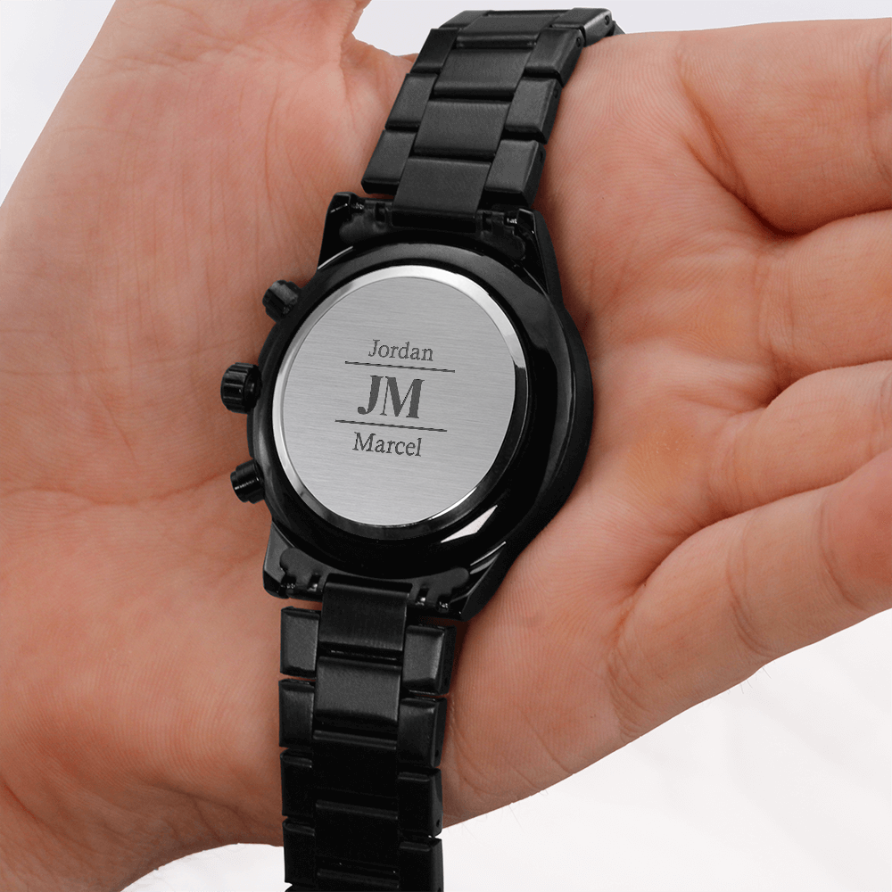 Personalized Black Chronograph Watch With Initials And Name