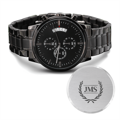 Personalized Black Chronograph Watch With Initials In A Wreath