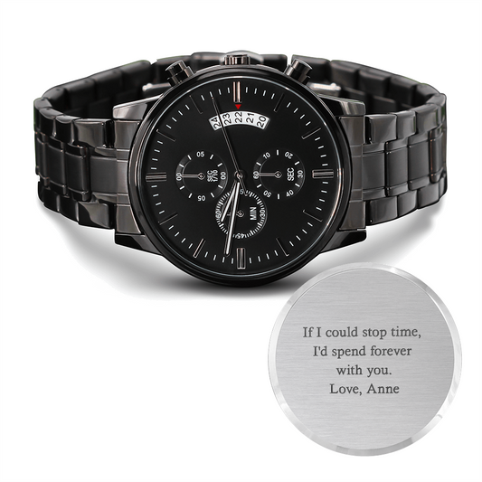 Personalized Black Chronograph Watch With A Custom Message