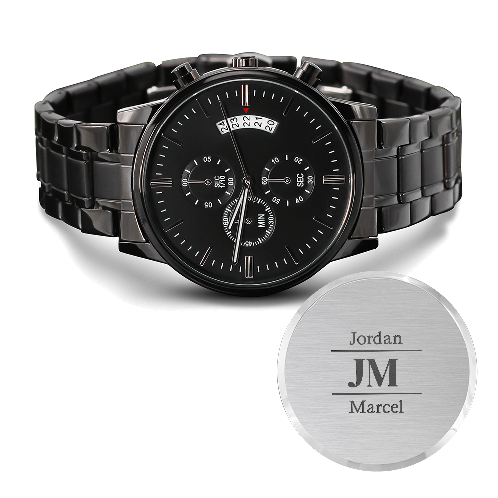 Personalized Black Chronograph Watch With Initials And Name