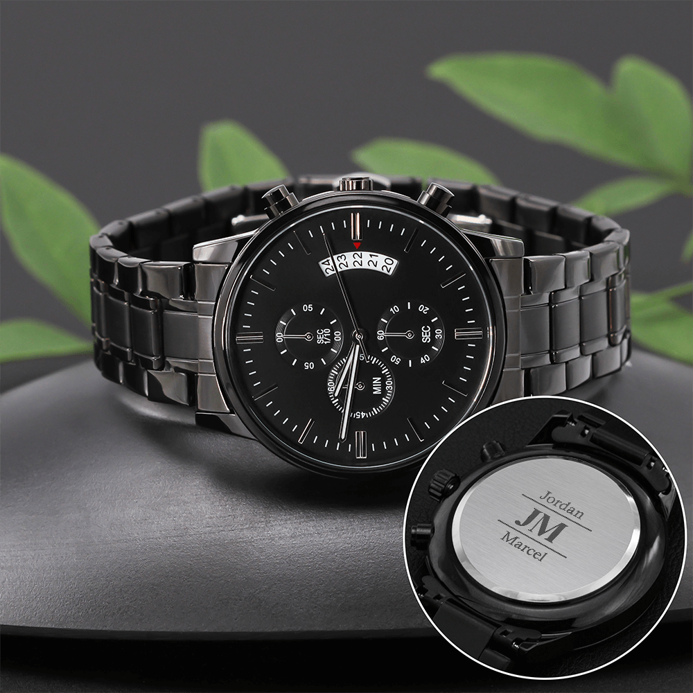 Personalized Black Chronograph Watch With Initials And Name