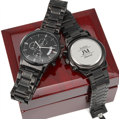 Personalized Black Chronograph Watch With Initials And Name