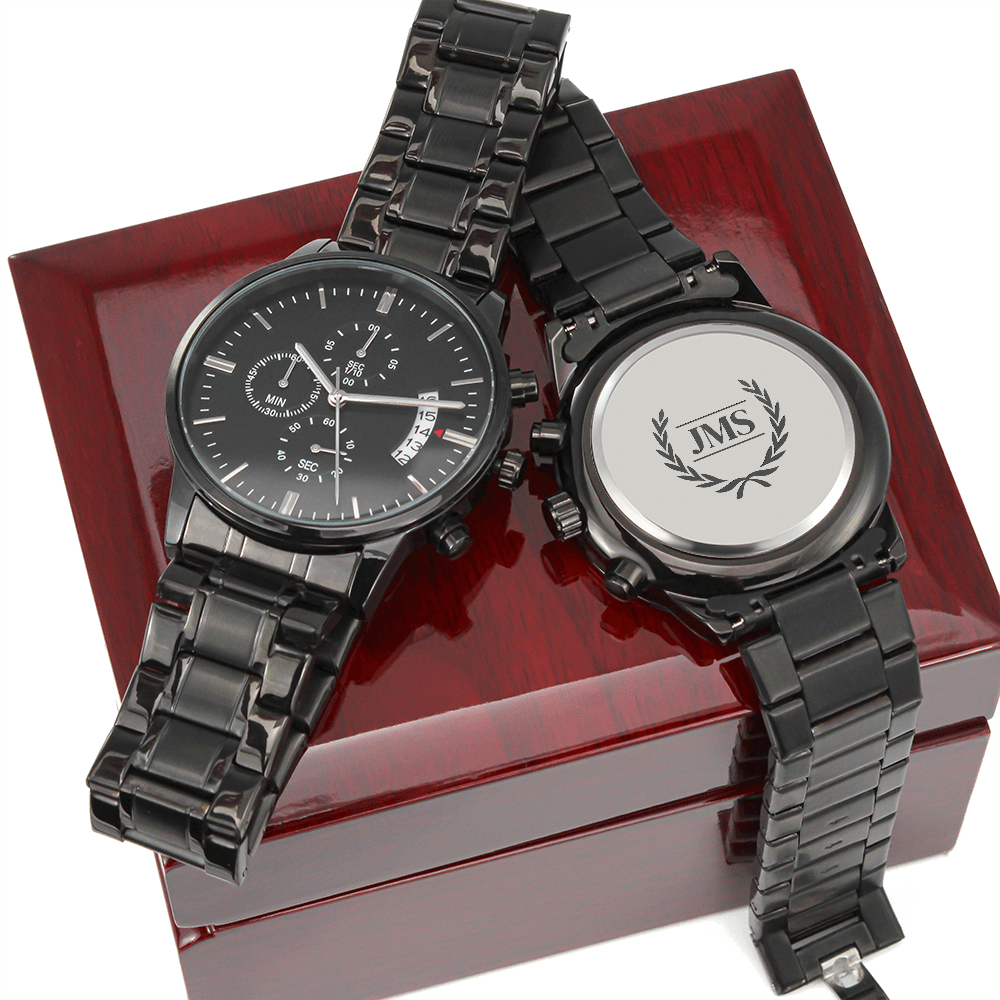 Personalized Black Chronograph Watch With Initials In A Wreath