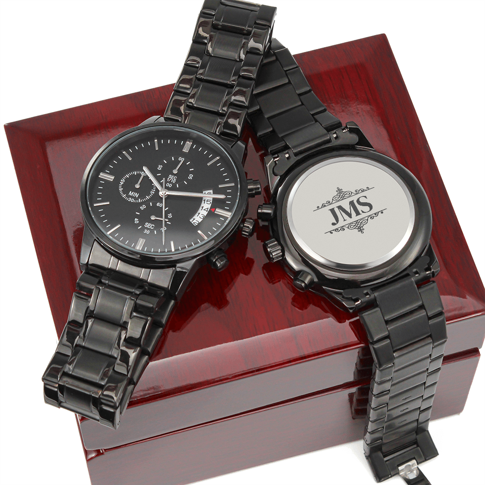 Personalized Black Chronograph Watch With Initials