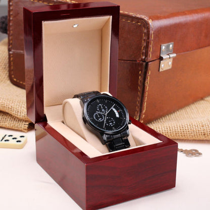 Personalized Black Chronograph Watch With Initials In A Wreath